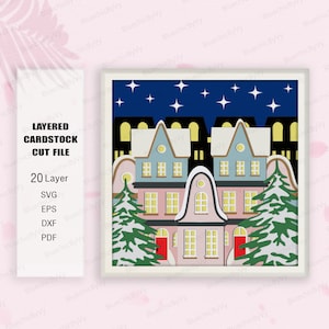 Christmas Village Shadow Box SVG, voor Cricut-bestand, kerstlichtbak svg, kerstdecor, kerstcadeau, schaduwdoos cadeau, kerstdorp