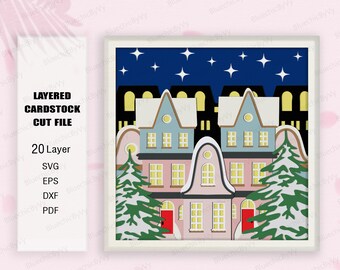 Christmas Village Shadow Box SVG, For Cricut file, Christmas Light box svg, Christmas Decor,Christmas Gift,shadow box Gift,Christmas Village