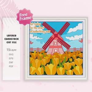 Flower Fields Tulip Shadow Box SVG, windmolens en bloemen 3D-box, windmolens svg, windmolens en bloemen svg, windmolens bloem decor, voor Cricut-bestand