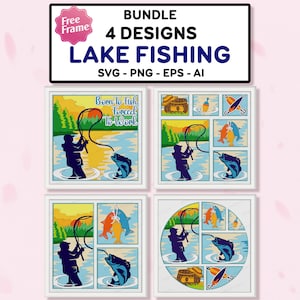 May include: Four colourful illustrations of a person fishing on a lake. The illustrations include a sunset, a lake, a fish, a fishing rod, and the text "Born To Fish, Forced To Work".