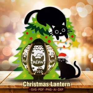 Chat noir Noël espiègle lanterne Svg, chat noir Noël, boîte de l'ombre de chat noir, lanterne de Noël, lanterne de chat, chat noir svg,