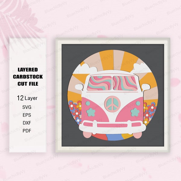 Hippie Van Shadow Box SVG, Hippie Van 3D Box, Hippie Van Light Box Svg, For cricut file, Shadow Box Gift, camper van clipart, Hippie Van svg