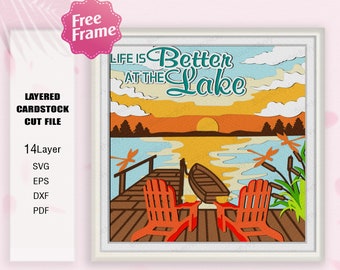 Life is Better At The Lake Shadow Box SVG ,For Cricut File, Lake Scenery Shadow Box, Lake House Decor, Boat By The Lake svg,Lake Scenery Svg
