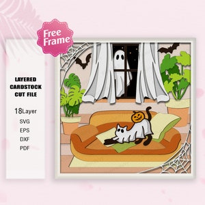 Fantôme fenêtre chat Boho Shadow Box Svg, boîte Halloween 3D, chat Halloween svg, fenêtre chat Boho svg, svg chat fantôme, pour fichier Cricut, décoration d'Halloween