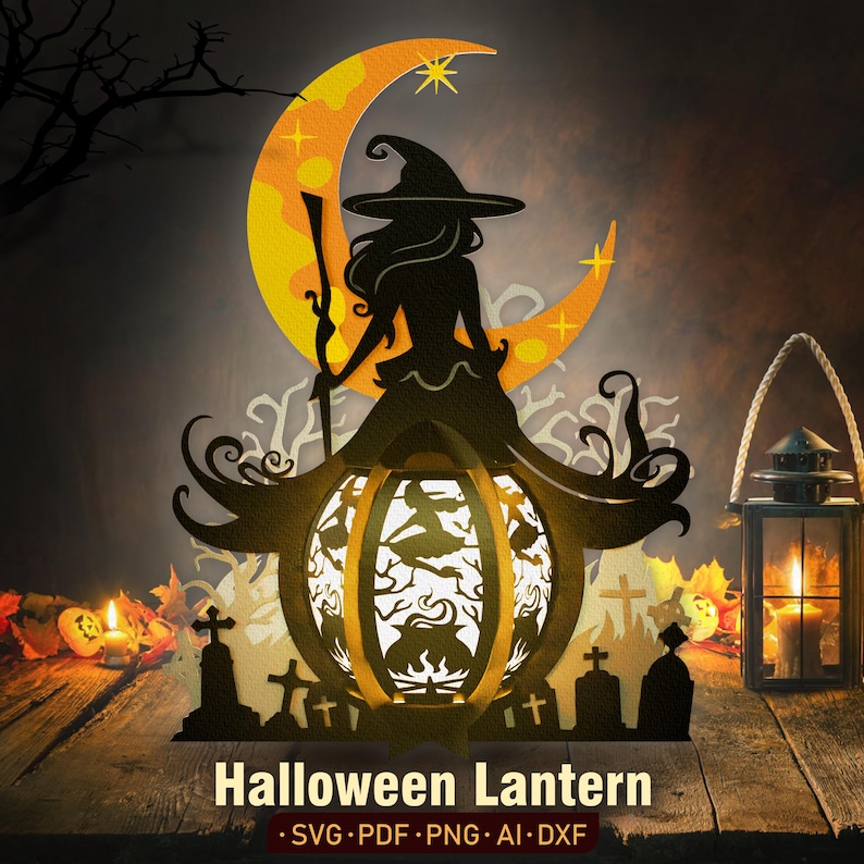 May include: A black silhouette of a witch holding a broom stands on top of a pumpkin-shaped Halloween lantern. The lantern has a crescent moon design with stars and is surrounded by a leafy design. The text "Halloween Lantern" is written below the lantern.