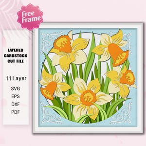 Archivo de recortes de papel con diseño de narcisos en caja de sombras / Decoración floral para nacimientos de marzo / Regalo de cumpleaños / K364