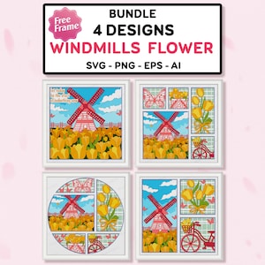 Bundle Väderkvarnar Blomskugglåda SVG, Väderkvarnar Fält Tulpan 3D Box, Väderkvarnar svg, Tulpanfält svg, Väderkvarnar Blomdekor, För Cricut-fil
