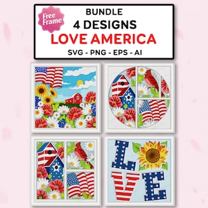Bundle Love America Shadow Box svg,Bird Cardinal American 3D Box,Ricordo patriottico, Arredamento americano,Per File Cricut,Giorno dell'Indipendenza