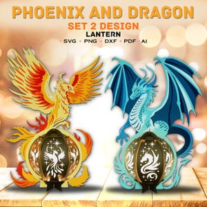 May include: A digital design file set titled PHOENIX AND DRAGON SET 2 DESIGN LANTERN, including SVG, PNG, DXF, PDF, and AI formats. The image displays two lantern designs: one featuring a yellow and orange phoenix and one with a blue dragon.
