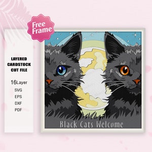 Chats noirs bienvenue ombre boîte Svg, boîte 3D chat noir, chat noir svg, chat et la lune, sorcière chat noir svg, pour fichier Cricut, décoration d'Halloween