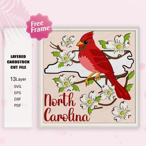 Oiseau de Caroline du Nord et fleur Shadow Box SVG, boîte 3D oiseau de Caroline du Nord, Caroline du Nord svg, svg oiseau et fleur, cadeau boîte 3D, pour fichier cricut