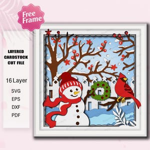 Jardin d'hiver Shadow Box SVG, scène de bonhomme de neige en couches avec oiseau cardinal, couronne et clôture pour décoration d'intérieur en papier de vacances / K534
