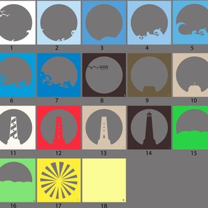 May include: A collection of 18 square art prints, each featuring a gray silhouette of a circle with various coastal and nautical themes. Designs include waves, birds, lighthouses, and sunbursts, set against different colored backgrounds.