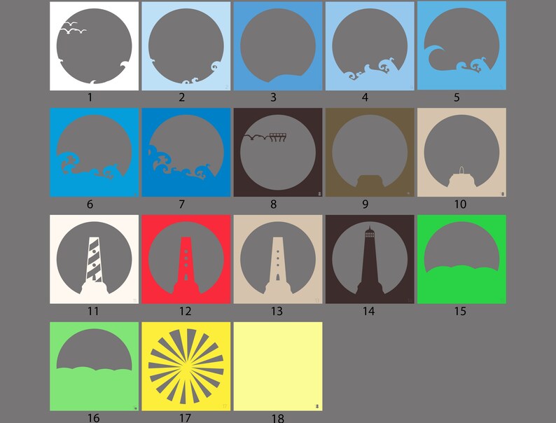 May include: A collection of 18 square art prints, each featuring a gray silhouette of a circle with various coastal and nautical themes. Designs include waves, birds, lighthouses, and sunbursts, set against different colored backgrounds.