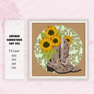 Botas de vaquera Girasol Shadow Box svg, Botas de vaquera Caja de luz Svg, Regalo de botas de vaquera, Para archivo cricut, Caja de sombras de girasol, Botas de vaquera