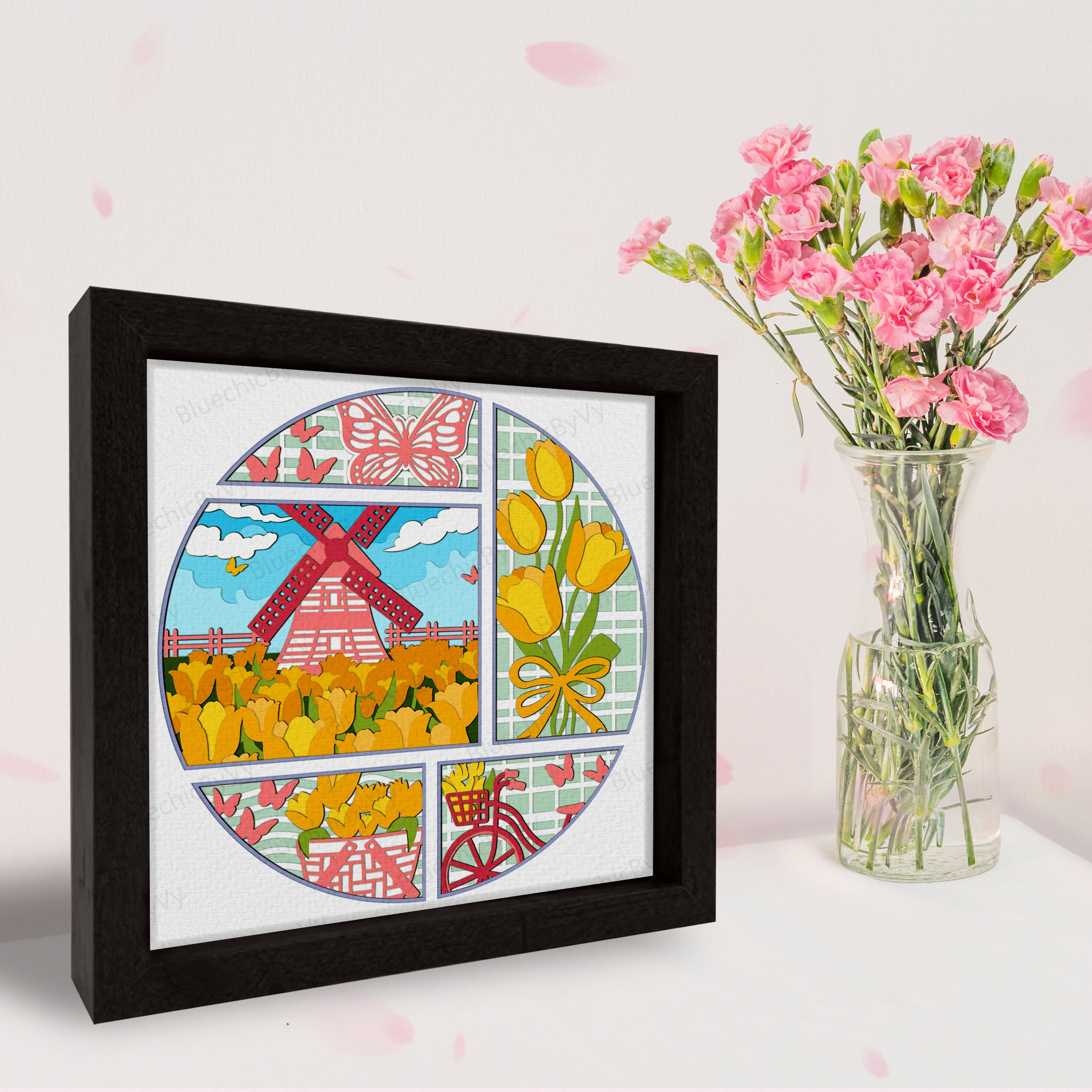 Windmills Shadow Box SVG, Windmills Flower Fields Tulip 3D Box ...