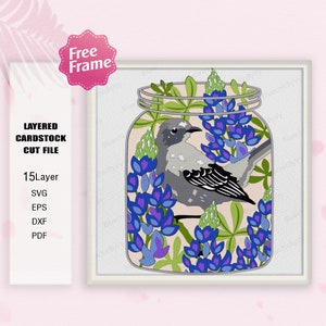 Barattolo di vetro Texas Flower e Bird Shadow Box SVG, Barattolo di vetro 3D Box, Texas State Bird SVG, Uccello Texas, Per Cricut File, Texas Flower SVG