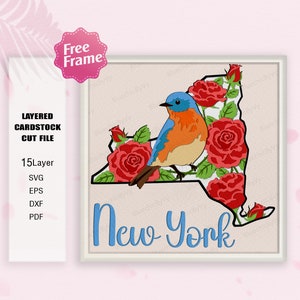 Caixa de sombra de flores e pássaros de Nova York SVG, caixa 3D de rosa de pássaro, svg de Nova York, rosa de Nova York, presente de caixa de sombra, para arquivo cricut, pássaro de flor de Nova York