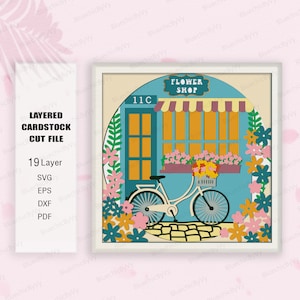 Shadow Box SVG, boîte d'ombre de magasin de fleurs, boîte 3D de vélo, cadeau de fleur, boîte à lumière de fleur de vélo Svg, pour cricut, svg de magasin de fleur