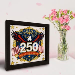 Puede incluir: Una impresi&oacute;n enmarcada que celebra el 250 aniversario de los Estados Unidos de Am&eacute;rica. La obra de arte presenta un &aacute;guila, banderas americanas y el texto "USA 250". El marco negro rodea la impresi&oacute;n, que se encuentra cerca de un jarr&oacute;n con flores rosas.