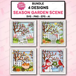 Könnte beinhalten: Ein Bundle aus vier mehrschichtigen Papier-Schnittmustern mit saisonalen Gartenszenen. Jedes Design enthält einen weißen Zaun, Bäume und Elemente, die Frühling, Sommer, Herbst und Winter darstellen. Das obere Banner lautet "BUNDLE 4 DESIGNS SEASON GARDEN SCENE".
