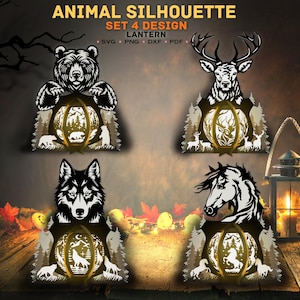 Pacchetto Silhouette di animali Light Box Svg, Scatola delle ombre dei cervi, Carta tagliata della lanterna, Lanterna del lupo Svg, Lanterna del cavallo, Scatola 3D dell'orso, Animale Svg