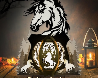 May include: A black and white silhouette of a horse's head with a flowing mane, set against a backdrop of a forest scene. The horse's head is positioned above a round lantern with a forest scene inside. The lantern is surrounded by trees and a decorative border. The text "Cartoon Lantern" is displayed below the lantern, along with the text "SVG - PDF - PNG - AI - DXF".