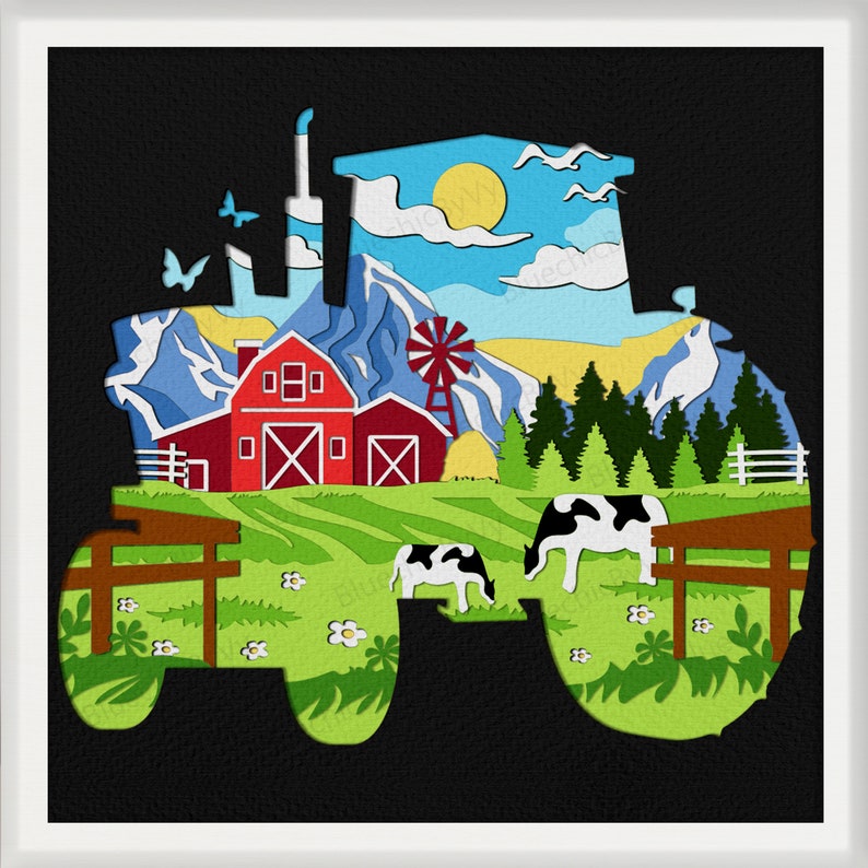 May include: A layered paper art piece showing a farm scene within a tractor outline. The artwork includes a red barn, cows, a windmill, and mountains, set against a blue sky and green fields.