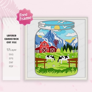 Mason Jar Farm Shadow Box svg, Regalo de granja, Farm svg, Farm Light Box Svg, Mason Jar 3D Box, Para archivo Cricut, Regalo de caja de sombras, Decoración de vacas de granja