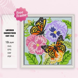Fleur de pensée et papillon Shadow Box svg, fleur papillon 3D, caisson lumineux de fleur de pensée, boîte 3D de fleur de pensée, pour fichier Cricut, fleur de pensée SVG