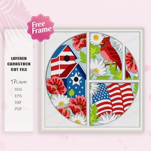 Bird Cardinal y Flower Shadow Box svg, Bird Cardinal American 3D Box, Recuerdo Patriótico, Decoración Americana, Para Archivo Cricut, Día de la Independencia