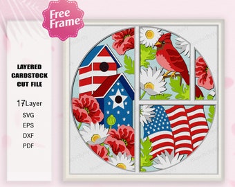 Caja de sombras de pájaro cardenal y flor (SVG), caja 3D americana de pájaro cardenal, recuerdo patriótico, decoración americana, para archivo Cricut, Día de la Independencia