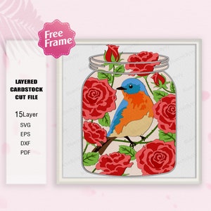 Mason Jar New York Blume und Vogel Shadow Box SVG, Vogel Rose 3D Box, New York svg, Mason Jar svg, Shadow Box Geschenk, für Cricut-Datei