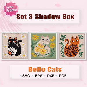 Boîte d'ombre de fleur de chat SVG, boîte d'ombre de chat de Bohème, boîte 3D de chat, décoration de chats bohèmes, boîte à lumière de chat de Bohème Svg, pour cricut, boîte d'ombre d'animaux, svg de chat