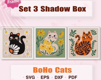 Cat Flower Shadow Box SVG, Boho Cat Shadow Box, Cat 3D Box, Boho Cats Decor, Boho Cat Light Box Svg, For cricut, Animals Shadow Box, Cat svg