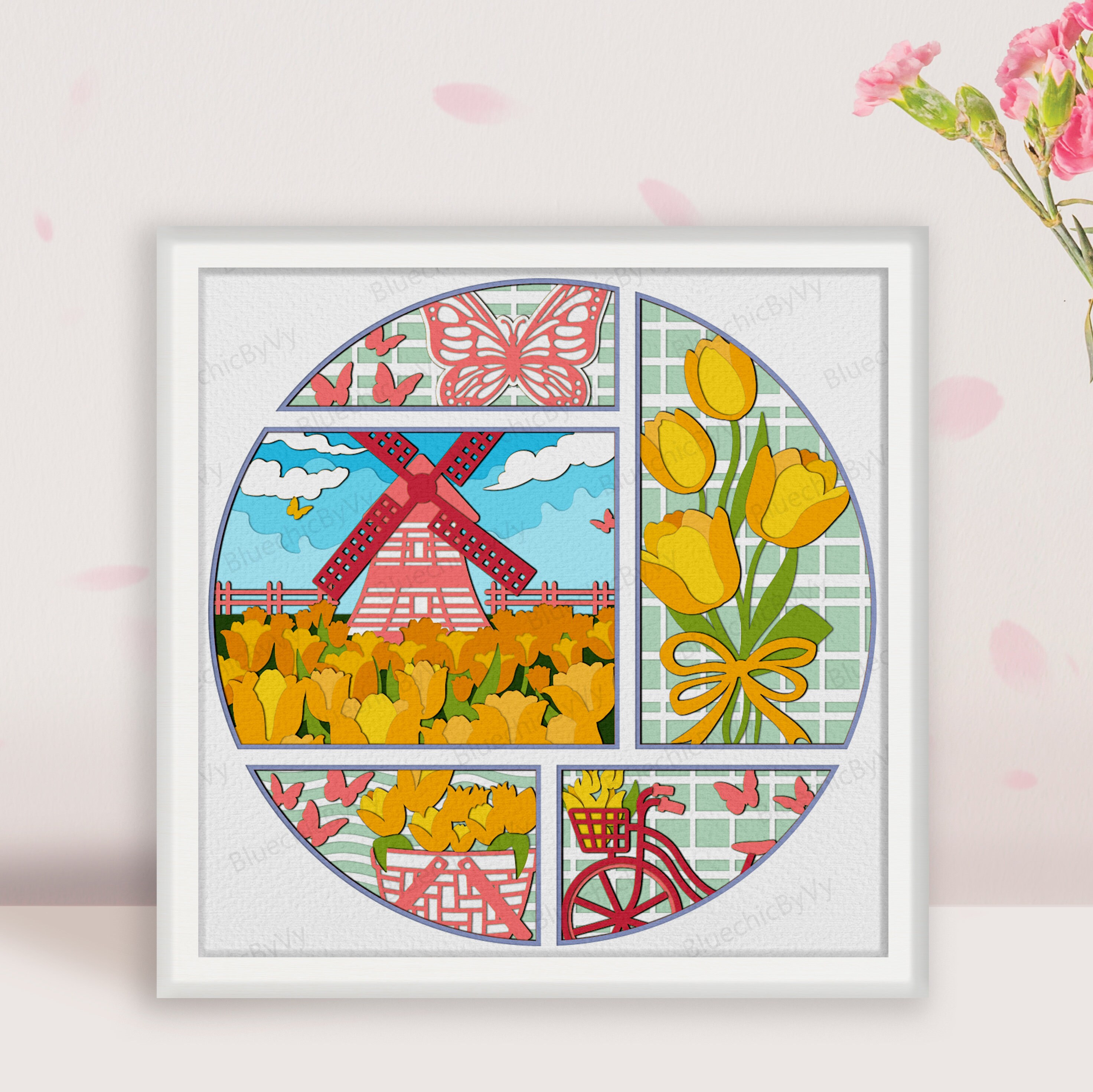 Windmills Shadow Box SVG, Windmills Flower Fields Tulip 3D Box ...