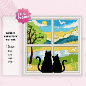 Couple chats et fenêtre d'été Shadow Box svg, boîte 3D chat, chats et été, boîte 3d fenêtre d'été chat, pour fichier Cricut, chat svg, décoration chat