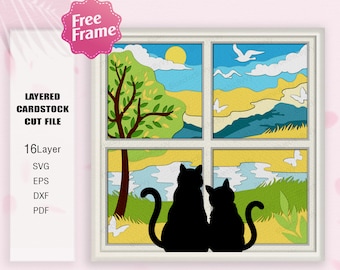 Pareja de gatos y ventana de verano Shadow Box svg, Cat 3D Box, Gatos y verano, Cat Summer Window 3d Box, Para archivo Cricut, Cat svg, Cat Decor