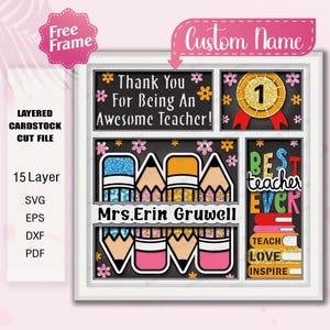 Caja de sombras personalizada para profesor SVG, caja de luz con lápiz 3D SVG, el mejor regalo para profesor, archivo Cricut, decoración escolar personalizada /K416