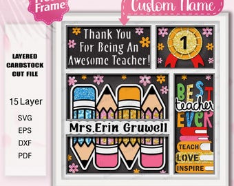 May include: A layered cardstock cut file for a teacher appreciation gift. The design features a chalkboard background with the text "Thank You For Being An Awesome Teacher!" and "Best Teacher Ever". There are also images of pencils, a number one award, and the words "Teach, Love, Inspire".