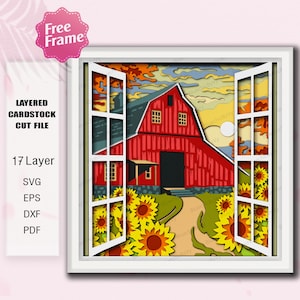 May include: A layered cardstock cut file featuring a red barn scene viewed through an open window. The design includes sunflowers, a path, and a sunset. The image includes the text "Free Frame", "Layered Cardstock Cut File", "17 Layer", and file type options.