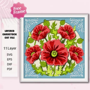 Caixa de sombra com flores de papoula, arquivo de corte para caixa de sombra com flores em camadas 3D, SVG de flores silvestres vermelhas para Cricut, lembrança, artesanato em papel para o Dia da Memória /K388
