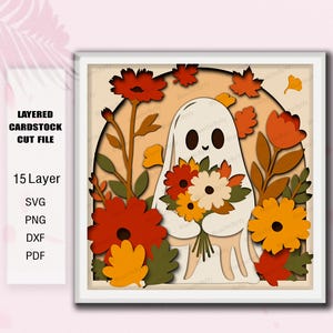 Fall Ghost Shadow Box SVG, Autumn Ghost Layered Paper Cut File, Cute Halloween Ghost Wall Art, Floral Ghost Decor Gift Design /L62