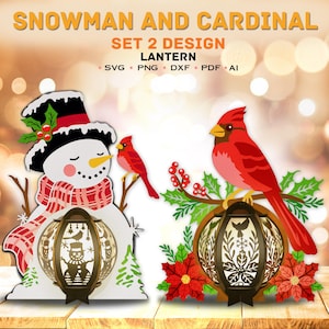 Bundle bonhomme de neige et lanterne cardinal Svg, boîte ombre bonhomme de neige, lanterne en papier découpé, lanterne bonhomme de neige, Noël 3D, joyeux Noël, décoration de Noël, K38