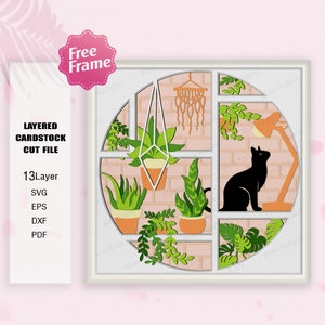 Plantes d'intérieur 3D Shadow Box Svg, boîte 3D chat et plante, chat et plante lightbox svg, pour Cricut, chat et plante SVG, cadeau boîte ombre, plantes d'intérieur