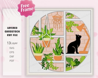House plants 3D Shadow Box Svg, Cat and Plant 3D Box, Cat and Plant Light Box svg, For Cricut,Cat and Plant SVG,Shadow Box Gift,House plants