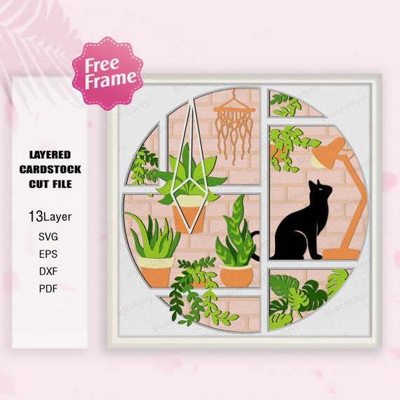 観葉植物 3D シャドウ ボックス SVG、猫と植物 3D ボックス、猫と植物