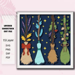 Witch Broom Shadow Box SVG Bundle, Magic Broom Layered Paper Cut File, Witchcraft Halloween Wall Decor, Fantasy Gothic Gift /L76