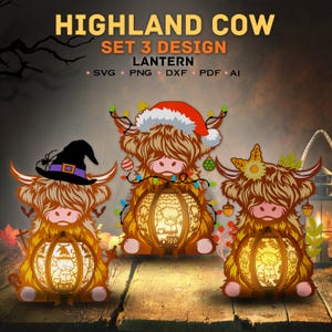 Paquete de linterna de vaca de las Tierras Altas Svg, caja de sombra de vaca de las Tierras Altas, corte de papel de linterna, linterna de vaca de las Tierras Altas, caja 3D de Halloween, acción de gracias de vaca de las Tierras Altas