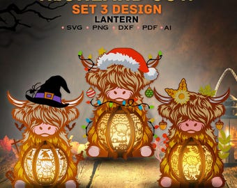 Pacchetto Highland Cow Lantern Svg, Highland Cow Shadow Box, Lanterna Carta Tagliata, Highland Cow Lantern, Scatola 3D di Halloween, Highland Cow Thanksgiving